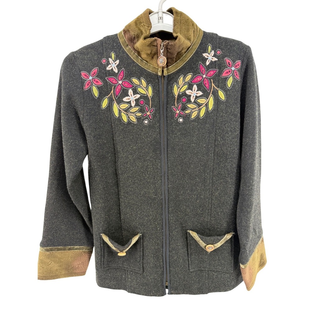Icelandic‎ Design Women Wool Zip-Up Cardigan Gray Floral Embroidered Size S